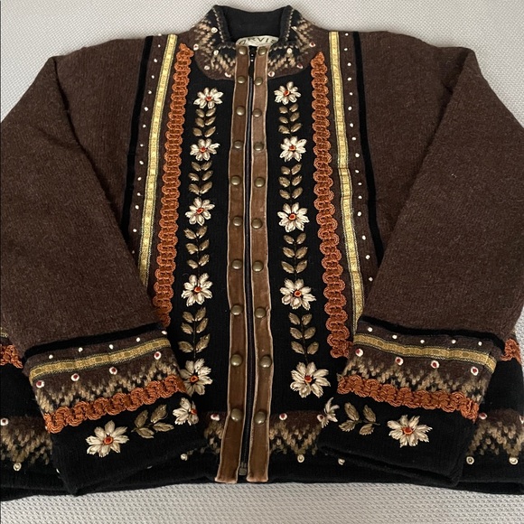 Orvis Scandinavian Embellished Brown Wool Full Zip Sweater Jacket Size Small - Picture 6 of 8